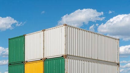 Metallic storage crates in green, white, and yellow under a clear sky with ample space for text related to commerce, export, import, or logistics