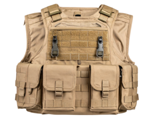 Close-Up of Tan Tactical Vest Featuring Multiple Utility Pouches on Black Background