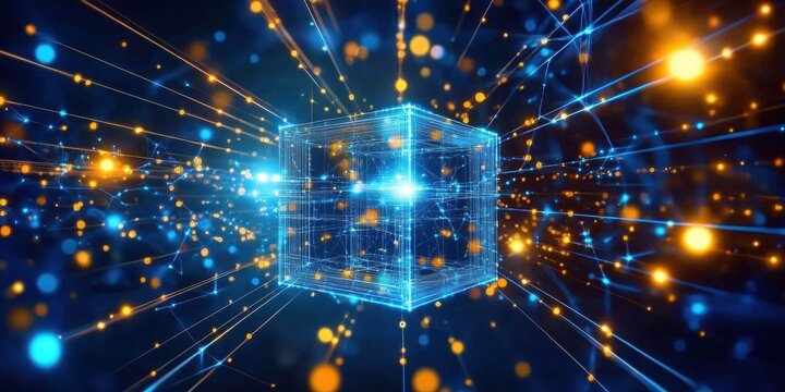 Digital Blockchain Technology Concept: Abstract Futuristic Background with Glowing Blocks or Cubes bocks
