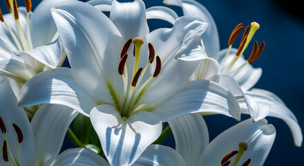 Graceful white lilies blooming in a garden, a macro shot revealing the intricate floral details of stamens and petals.