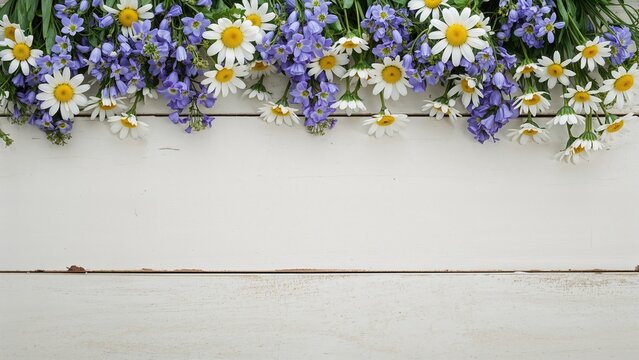 Rustic wooden surface edged with Muscari and Daisy blossoms and space for text