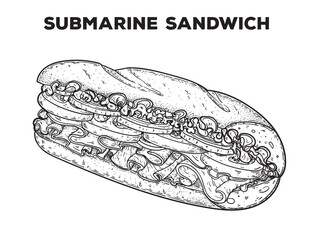Submarine sandwich sketch. Hand drawn vector illustration. Gastropub, gastrobar, pub food. Detailed design element. Top view.