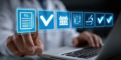 Doctor interacting with digital checklist icons on holographic interface