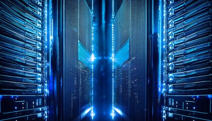 close up of illuminated server racks in a high tech data center representing cloud computing networking and cybersecurity ideal for it security and infrastructure themes