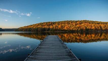 Peaceful Morning Or Evening Setting With Old Timber Platform Over Quiet River Backed By Forest