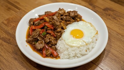 A dish featuring beef stir-fried with sweet peppers and topped with a fried egg, served alongside hot rice on a wooden background.