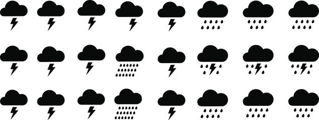 A minimalist and versatile collection of cloud, lightning, and rain weather icons, perfect for representing various storm conditions in a simple, modern design
