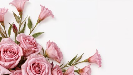 Floral corner design with pink roses and eustoma against white