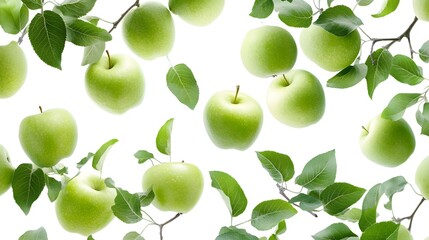 Green apples with leaves on white background-Fresh green apples hanging among leafy branches, arranged against a clean white background in a bright, minimal style.