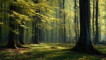 Sunlight filtering through a dense, springtime forest.  Sunlight dappling a mossy forest floor.  Tall trees with vibrant, new leaves