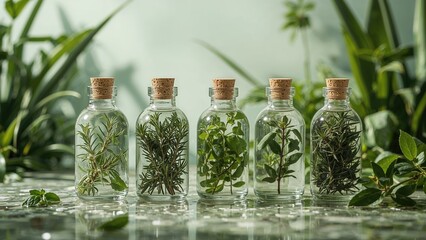 A set of five glass bottles filled with rosemary, peppermint, sage, thyme, and wintergreen