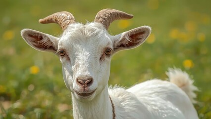 Fototapeta premium Funny white goat posing on a bright agricultural farm