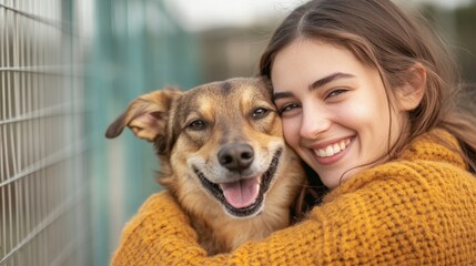 Young caucasian female joyfully hugging dog outdoors in warm sweater. National Walk Your Dog Week