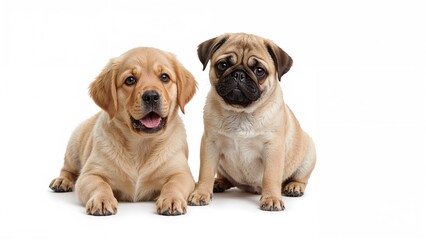 Fototapeta premium Playful retriever and pug puppies isolated on a white surface