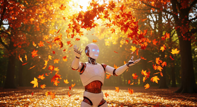 A humanoid robot playing with falling orange leaves in an autumn forest