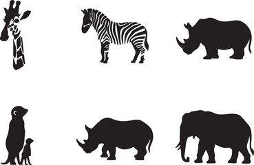 Obraz premium Silhouette Collection of African Safari Animals: Giraffe, Zebra, Rhinos, Meerkat, Elephant
