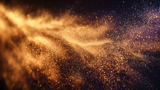 Abstract Golden Particle Stream with Light Streaks Against Dark Backdrop for Festive Designs