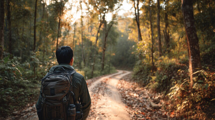 Naklejka premium A man with a backpack walks on a dirt road through a forest during the day time with sunlight