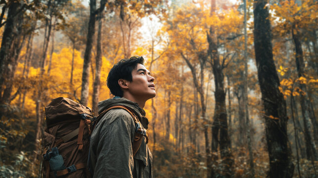 Man with backpack looks up in a forest with trees and yellow leaves during the autumn season outdoors