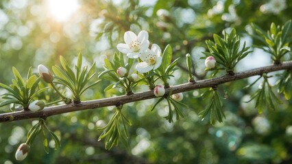 Sunlit larch tree blooms and buds surrounded by vibrant leaves, with blurred light effects.