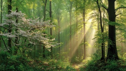 Naklejka premium Sunbeams pierce a misty forest, dappled with blossoms