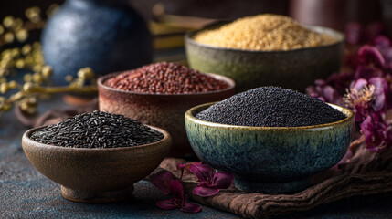 Assorted grains in bowls with flowers and vase in background on a rustic textured surface
