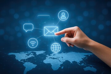Digital Communication Concept with Email, Chat, World Connection, and Human Touch on a World Map Background