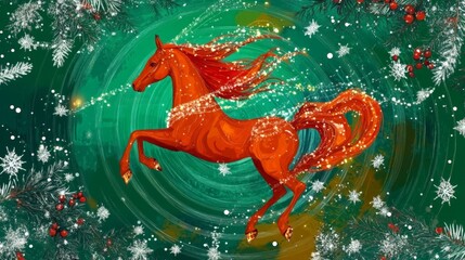 A horse with a red mane and tail is jumping over a snow covered hill. The horse is surrounded by snow and berries, giving the scene a wintery and festive feel
