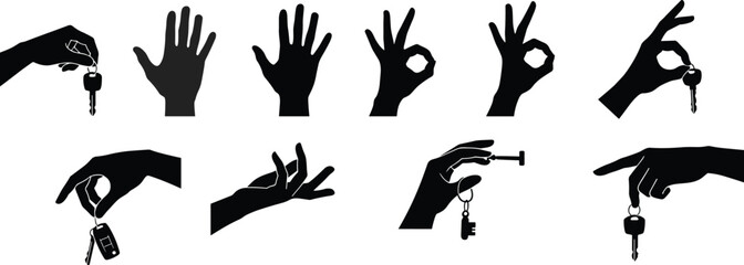 Hand gestures silhouettes, keys holding icons, open palm, OK signs, fingers pointing, keyring clipart, black and white vector