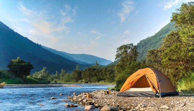 contemporary camping tent and gear by the riverside room for text with copy space image place for adding text or design