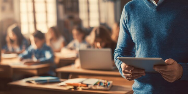 The teacher engaging students with a tablet in a modern classroom setting.