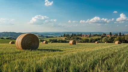 Stacked hay bales resting on a harvested wheat field during summer