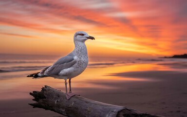 Solitary seagull perched on driftwood during vibrant sunset