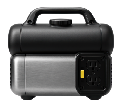 Inverter generator featuring a cylindrical fuel tank and dual AC outlets, ideal for residential backup power.
