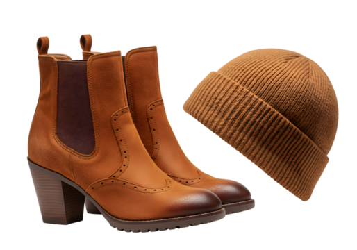 Fall Fashion Transparent PNG Of Stylish Boots And Matching Wool Hat In Earth Tones. Generated AI.