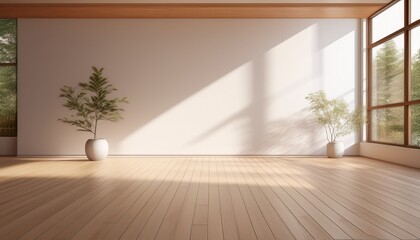 minimalist room white walls window light wood floor shadow composition interior design 3d render sunlight