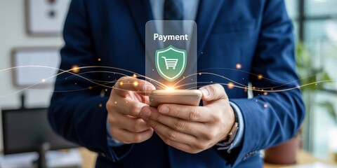 Secure Mobile Payment - A businessman holding a smartphone, with a glowing shield and shopping cart icon, symbolizing secure online payments