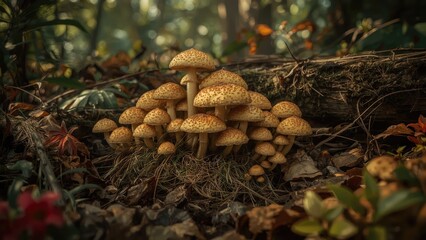 Black earth and orange plants surrounding forest mushrooms