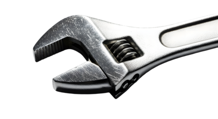 Closeup of an adjustable metal wrench, a versatile hand tool for mechanical work, isolated on transparent background
