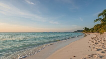Secluded shoreline with ocean view and soft pastel sky.