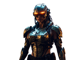 Sci-Fi Soldier in Heavy Exoskeleton Armor with Helmet Visor Glowing, Isolated on Black
