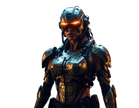 Sci-Fi Soldier in Heavy Exoskeleton Armor with Helmet Visor Glowing, Isolated on Black