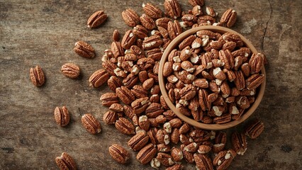 A bowl filled with pecan nuts alongside scattered nuts on a wooden surface, emphasizing natural and healthy eating