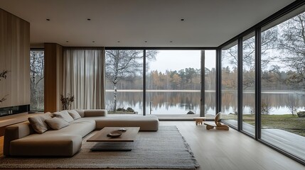 Modern living room with panoramic lake view and natural light