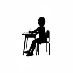 Smiling young schoolgirl coloring with crayons silhouette isolated on white background