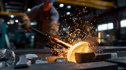 Molten metal flows as engineers work in the background