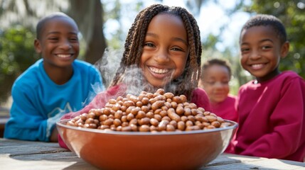 Children Around Bowl of Peanuts
