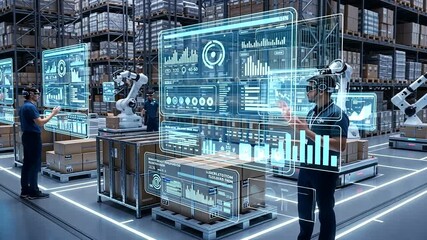 Futuristic warehouse management with augmented reality and automated robotic systems shows - Powered by Adobe