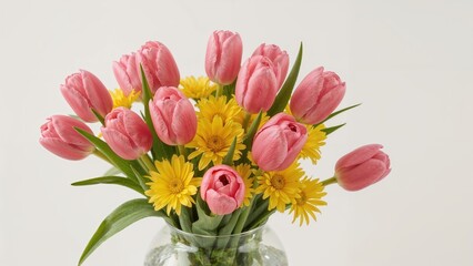 Obraz premium Bright pink tulips paired with cheerful yellow mimosa, marking the start of spring and celebrating moms