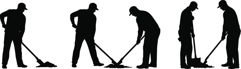 Silhouette of construction workers digging with shovels, teamwork labor, manual work scene, men working together, effort and coordination